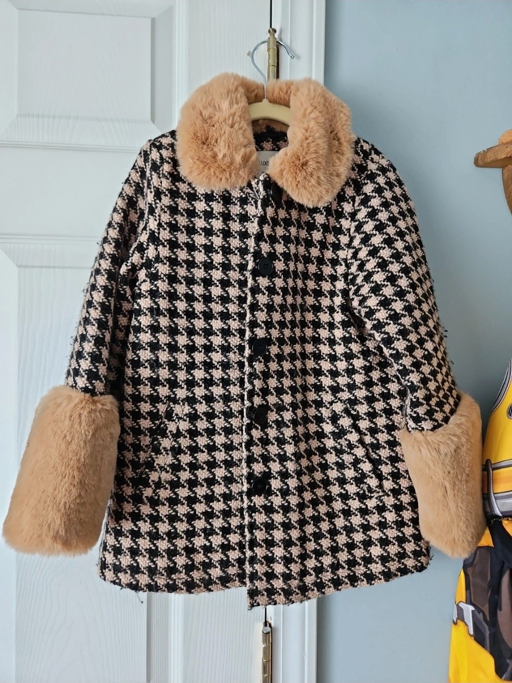 Girls Houndstooth Peacoat with Faux Fur Trim - Black & Tan Wool Blend